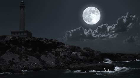 Full Moon Night Landscape With Lighthouse Stock Footage Video 4390187