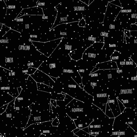 Zodiac Constellations Hand Draw Pattern On Black Deep Sky With Cartoon