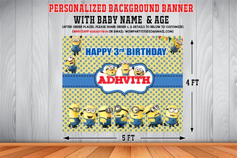 Personalized Minion Birthday Backdrop Banner4ft X 5ft