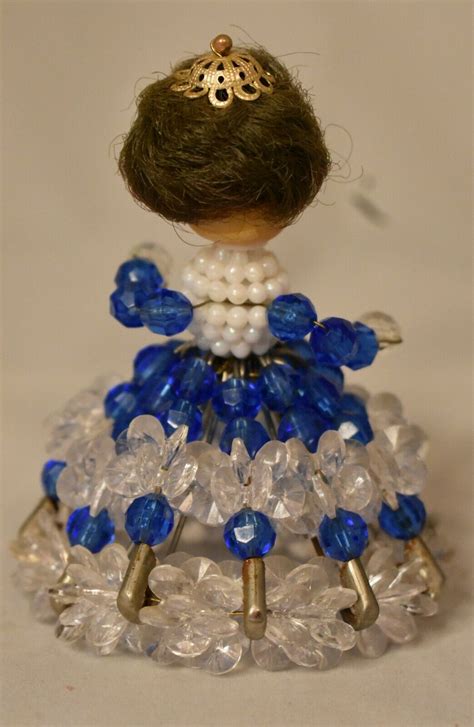 Vintage Safety Pin Doll Blue And Clear Beads Brunette 4 14 In Tall 2