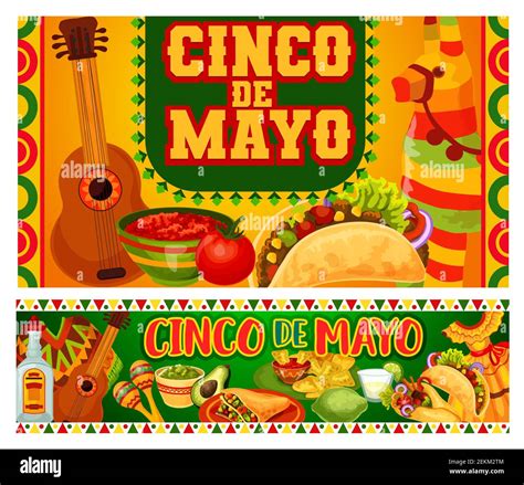 Cinco De Mayo Mexican Holiday Food Mariachi Guitar And Maracas Vector Greeting Cards Fiesta