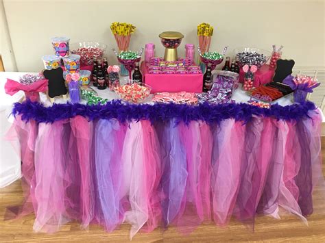 purple and pink themed candy table for girls Candy Table, Spa Party