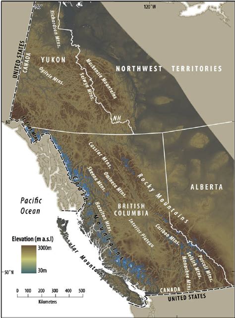 Relief Map Of Western Canada Showing Major Mountain Systems And