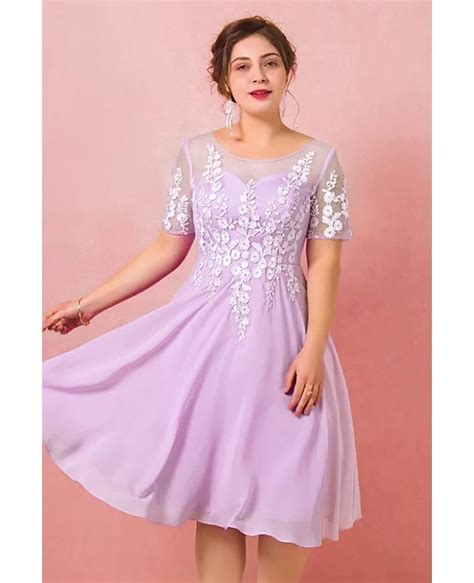 Custom Lilac Chiffon Knee Length Party Dress With Flowers Short Sleeves High Quality Zn116
