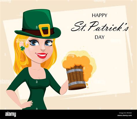 Happy Saint Patricks Day Funny Cartoon Character With Green Hat Cute Woman In Costume Of