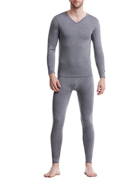 mens 2pc winter warm thermal underwear set v neck nightwear set long johns solid color slim fit