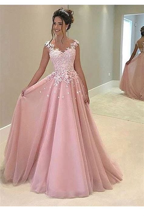 A Line Long Pink Lace Prom Dresses Party Evening Gowns 3020248