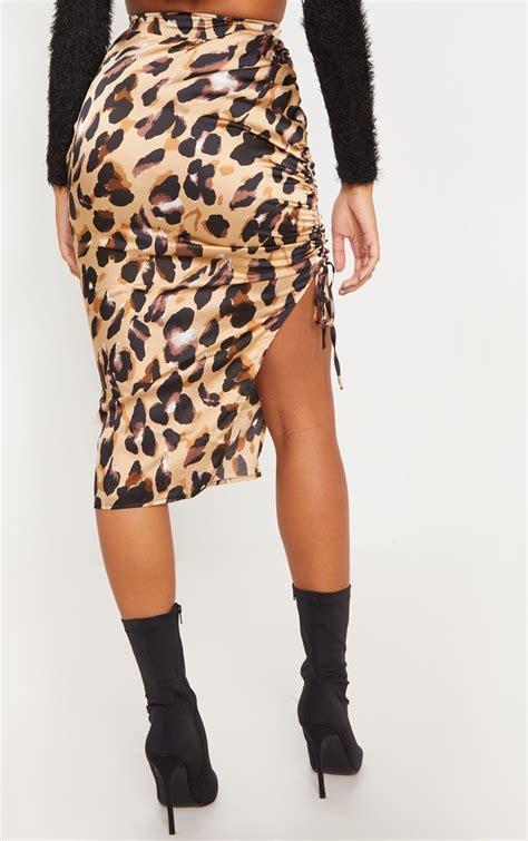 Leopard Print Satin Ruched Midi Skirt Prettylittlething Usa