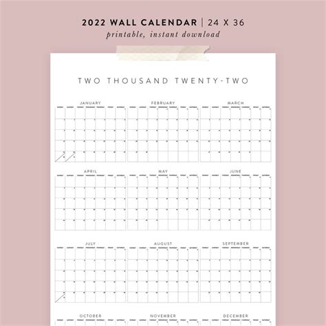 Printable 2022 Wall Calendar 24x36 Poster Etsy