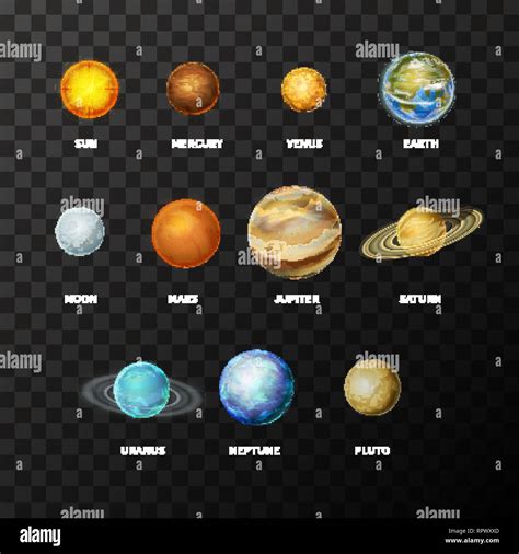 Set Of Bright Realistic Planets On Solar System Like Mercury Venus