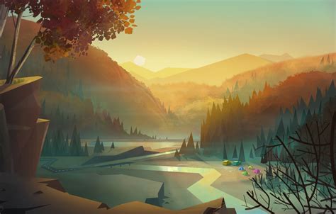 Wallpaper Sunset Mountains Figure Vector Trees River Forest Dawn