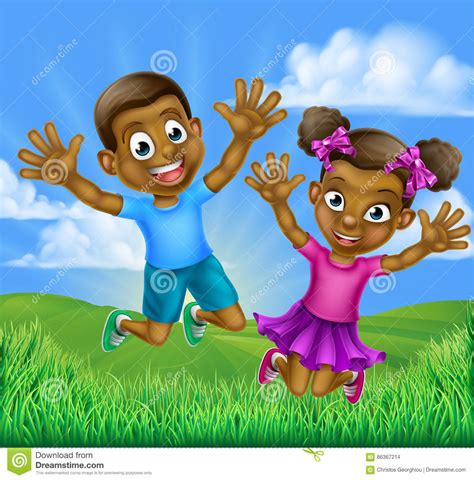 Happy Cartoon Black Kids Jumping Stock Vector Illustration Of
