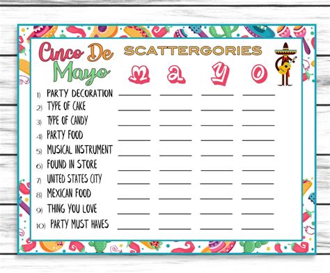 Cinco De Mayo Scattergories Game Printable Kids Word Activity Sheet