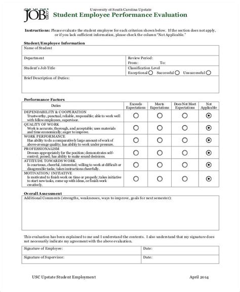 Student Performance Evaluation Sample Hq Printable Documents