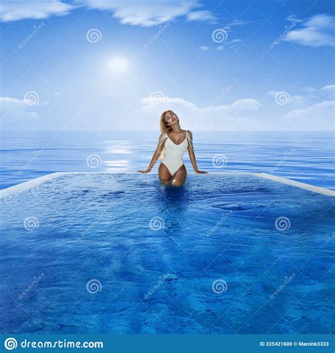 Beautiful Tanned Woman Bikini Model In Pool On Maldives Island Young