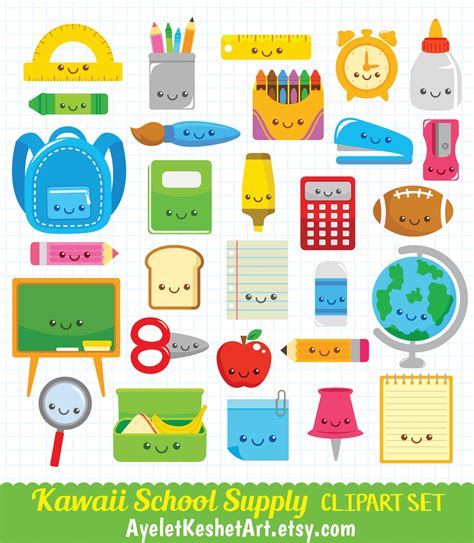 Kawaii School Clipart Set Cute Digital Clipart Bundle For Etsy Israel