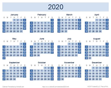 15 16 17 18 19 20 21. Download a free 2020 Yearly Calendar - Reverse Design from Vertex42.com in 2020 | Yearly ...