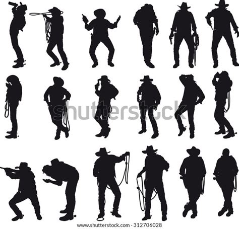 Silhouettes Cowboy Traditional Costume Various Situations Stock