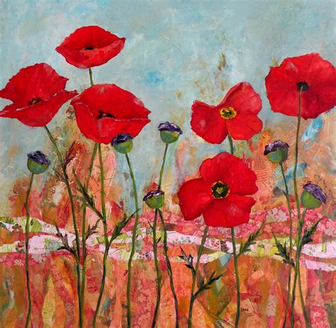 ART FOR LIFE SIX RED POPPIES ORIGINAL MIXED MEDIA ON CRADLED PANEL