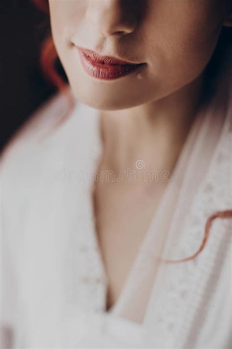 Sensual Morning Portrait Of Woman Lips Close Up Stylish Bride In Silk