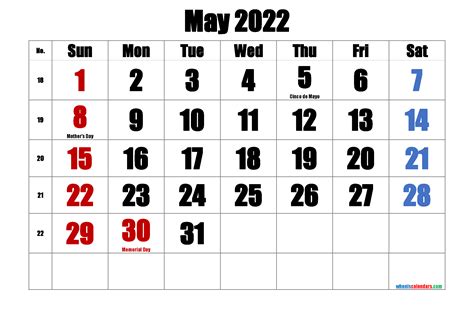 Printable May 2022 Calendar With Holidays