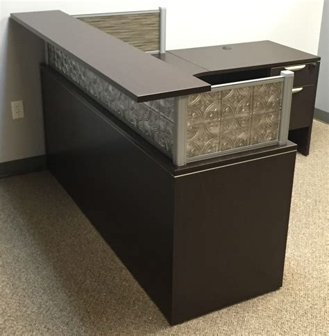 Rustic L Shape Borders Reception Desk With Faux Hammered Tin Reveal