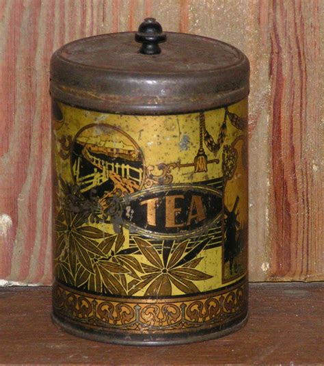 Antique Victorian Tea Tin Beautiful Litho With Wood Knob