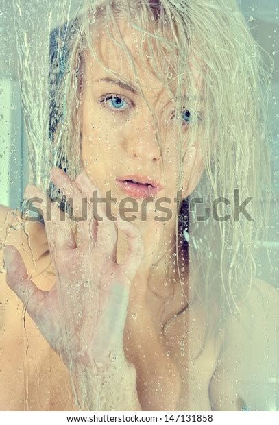 Blonde Naked Woman Shower Torso Portrait Stock Photo