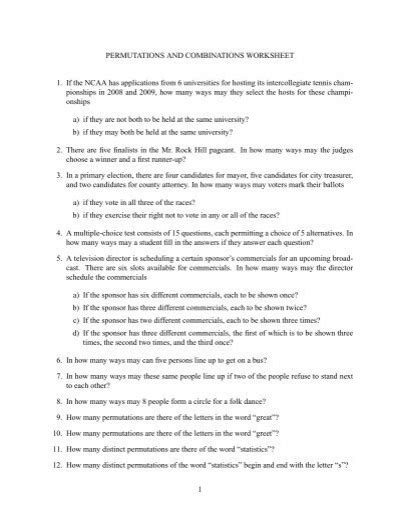 PERMUTATIONS AND COMBINATIONS WORKSHEET CTQR 150 1