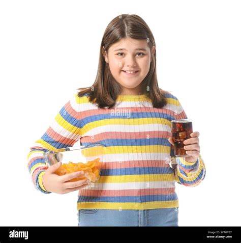 Overweight Girl With Unhealthy Food On White Background Stock Photo Alamy