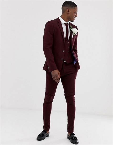 Asos Design Wedding Super Skinny Suit In Burgundy Twill Asos