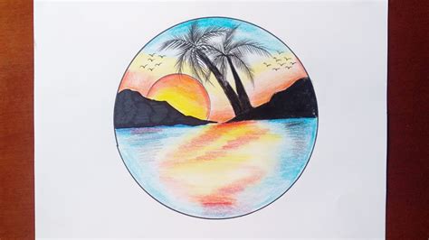 How To Draw Sunset Scenery For Begginers With Pencil Colour Step By