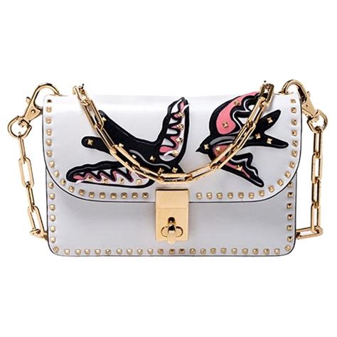 Valentino White Leather Bird Embroidered Studded Shoulder Bag For Sale