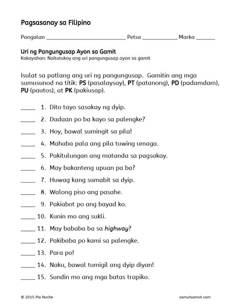 Uri Ng Pangungusap Worksheet Sample Lesson Plan In Fi