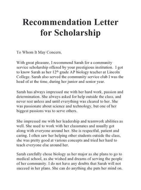 Letter Of Recommendation For Scholarship Examples