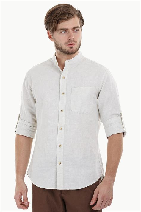 Buy Online Offwhitebrown Mandarin Collar Chambray Shirt For Mens Zobello
