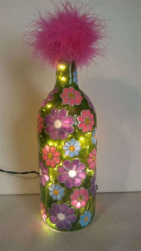 Flower Bottle Lamp Bottle Light Night Light Stained Glass Etsy Wine