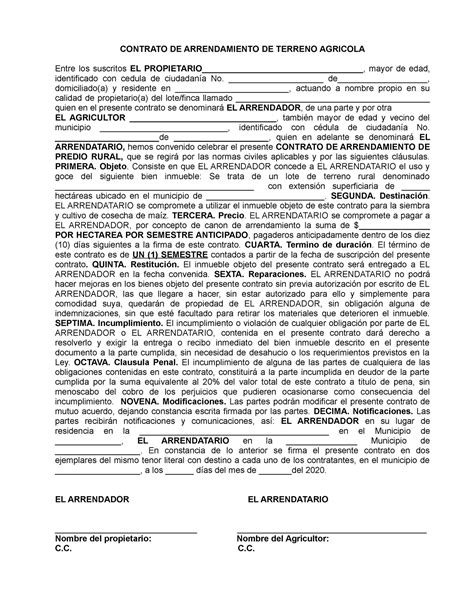 Contrato De Arrendamiento De Terreno Agricola Contrato De Arrendamiento De Terreno Agricola