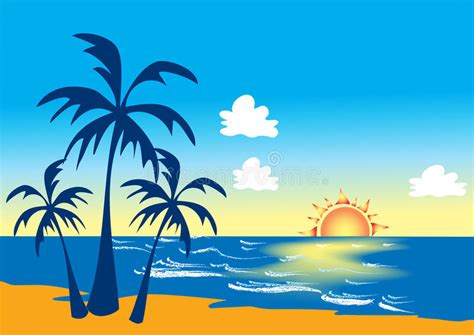 Beach With Palm Trees And Sunset Stock Vector Illustration Of Waves