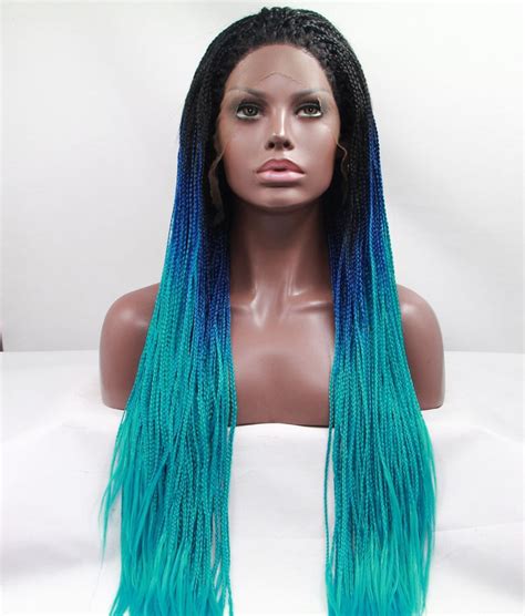 Fashion Blackbluegreen Ombre Micro Braided Synthetic Lace Front Wigs