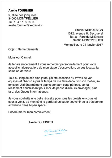 Exemple de lettre de remerciement fin de stage 3ème collège  Exemple