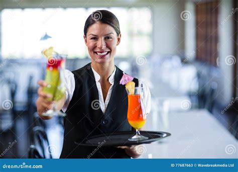 Portrait Of Smiling Waitress Serving Cocktail Stock Image Image Of Occupation Tray 77687663