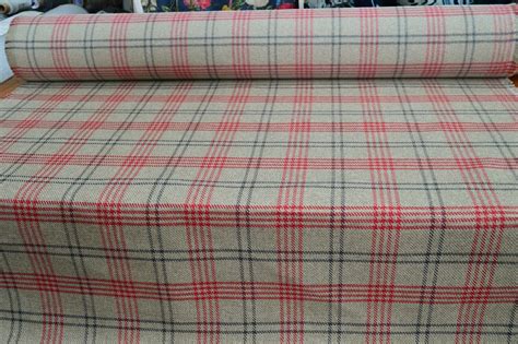 Upholstery Fabric Red Grey And Natural Checked Basket Weave Material