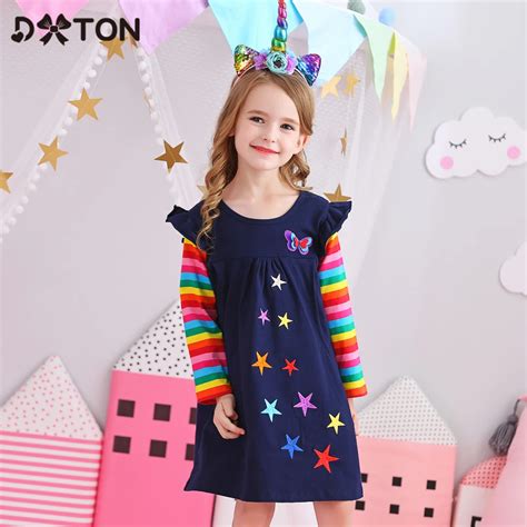 Dxton Girls Long Sleeve Dress Children Winter Clothing Rainbow Kids