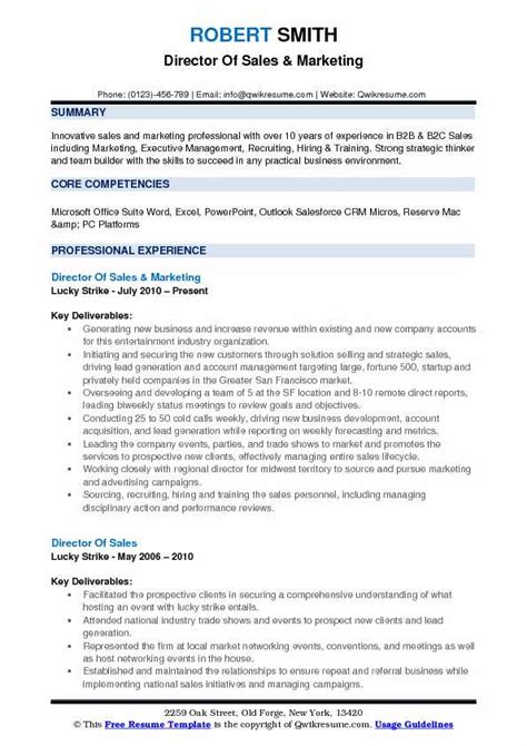 Resume templates are available for sales managers in various fields, so look for the one in yours and use it to build your own resume. Director of Sales Resume Samples | QwikResume