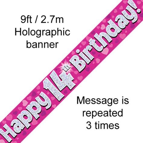 Banner 27m Pink Holographic Happy 14th Birthday