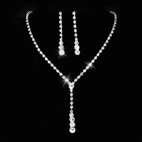 Long Celebrity Style Drop Crystal Necklace Earrings Set Bridal