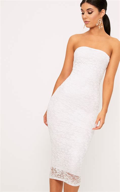 White Lace Bandeau Midi Dress Dresses Prettylittlething