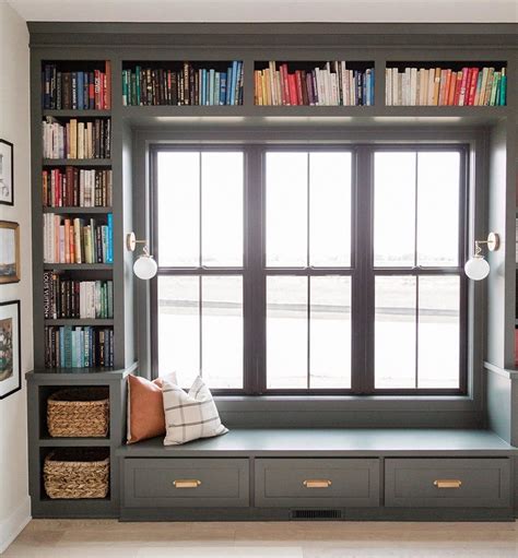 Built In Bookshelf Frames Double Hung Windows In Reading Nook Pella