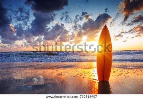 Surfboard On Beach Sunset Stock Photo Edit Now 712816957